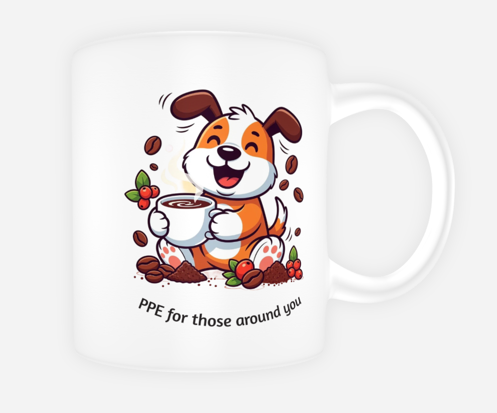 White mug with a cartoon dog holding a coffee cup and text 'PPE for those around you' on a white background