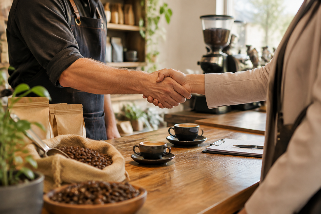Two cafe professionals shaking hands over a counter beside espresso cups and coffee beans