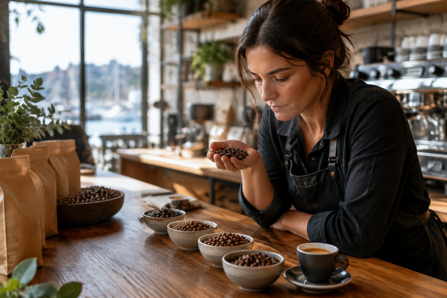 A cafe owner comparing roasted coffee bean samples beside an espresso cup