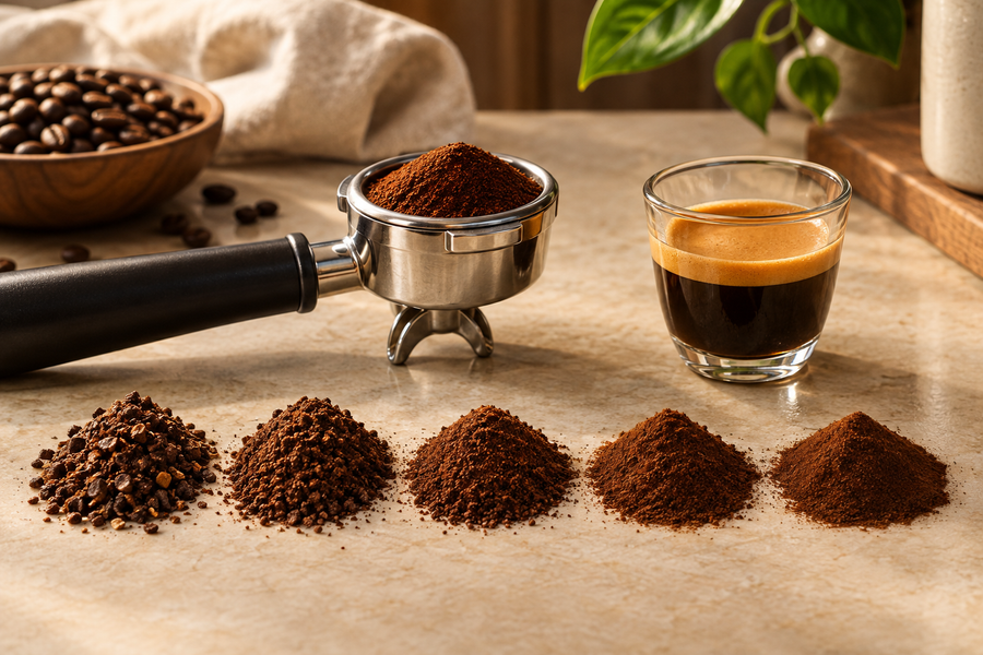 Coffee grounds ranging from coarse to fine beside a portafilter and espresso shot
