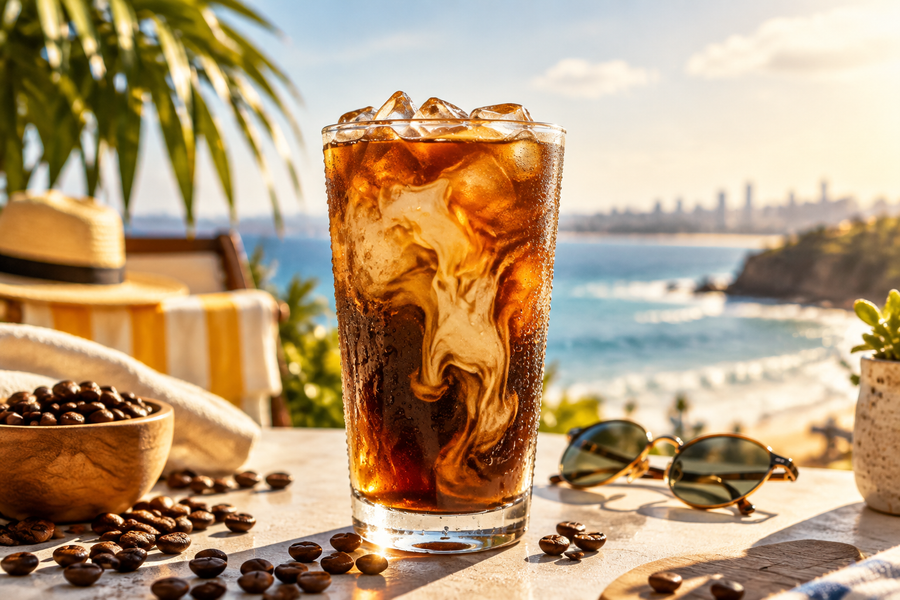 A refreshing glass of cold brew coffee with ice and condensation in warm summer light