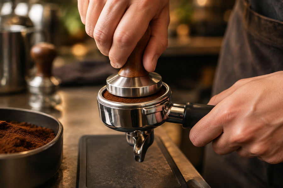 A barista pressing an espresso tamper evenly into a portafilter filled with ground coffee