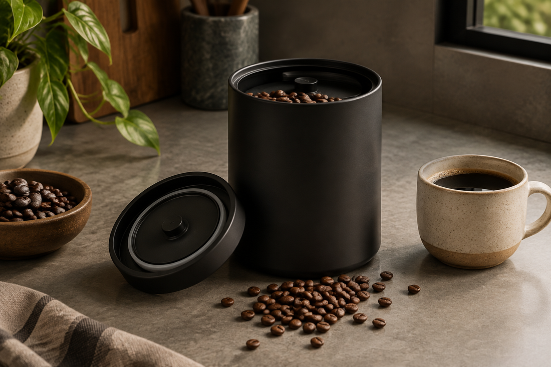 A dark coffee storage canister beside freshly roasted coffee beans and a ceramic cup