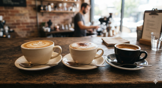 Cappuccino, latte and long black coffee side by side