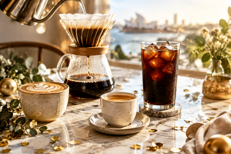 Espresso, pour-over and cold brew arranged in a bright celebratory coffee scene