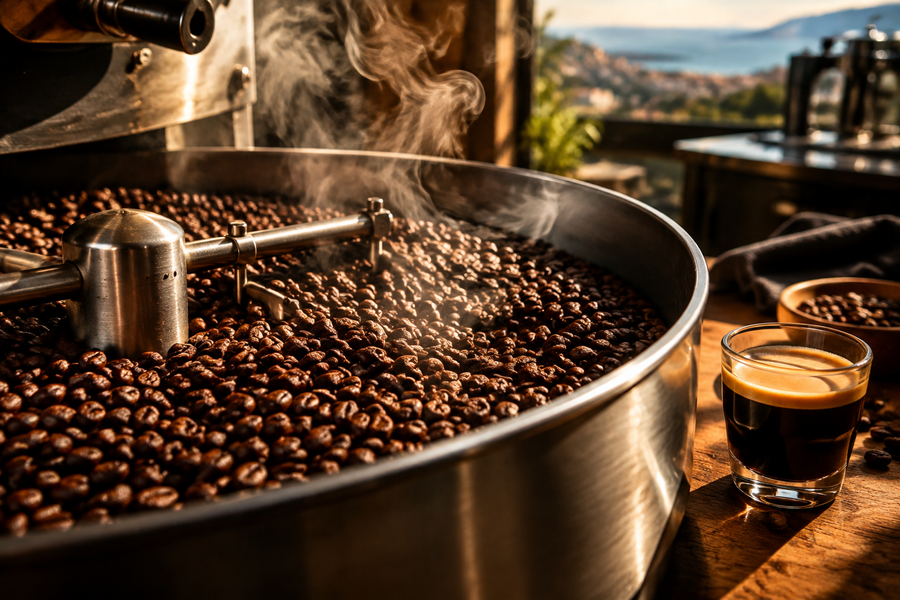 Freshly roasted coffee beans cooling in a roastery tray beside a fresh espresso