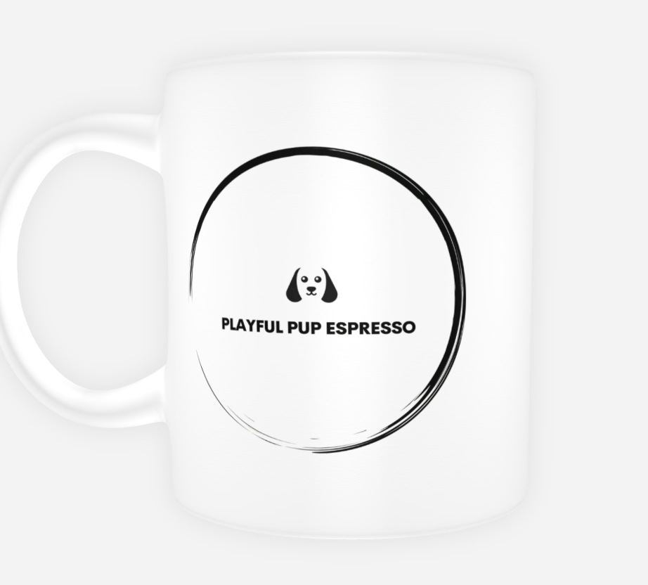 White mug with 'Playful Pup Espresso' label on a white background