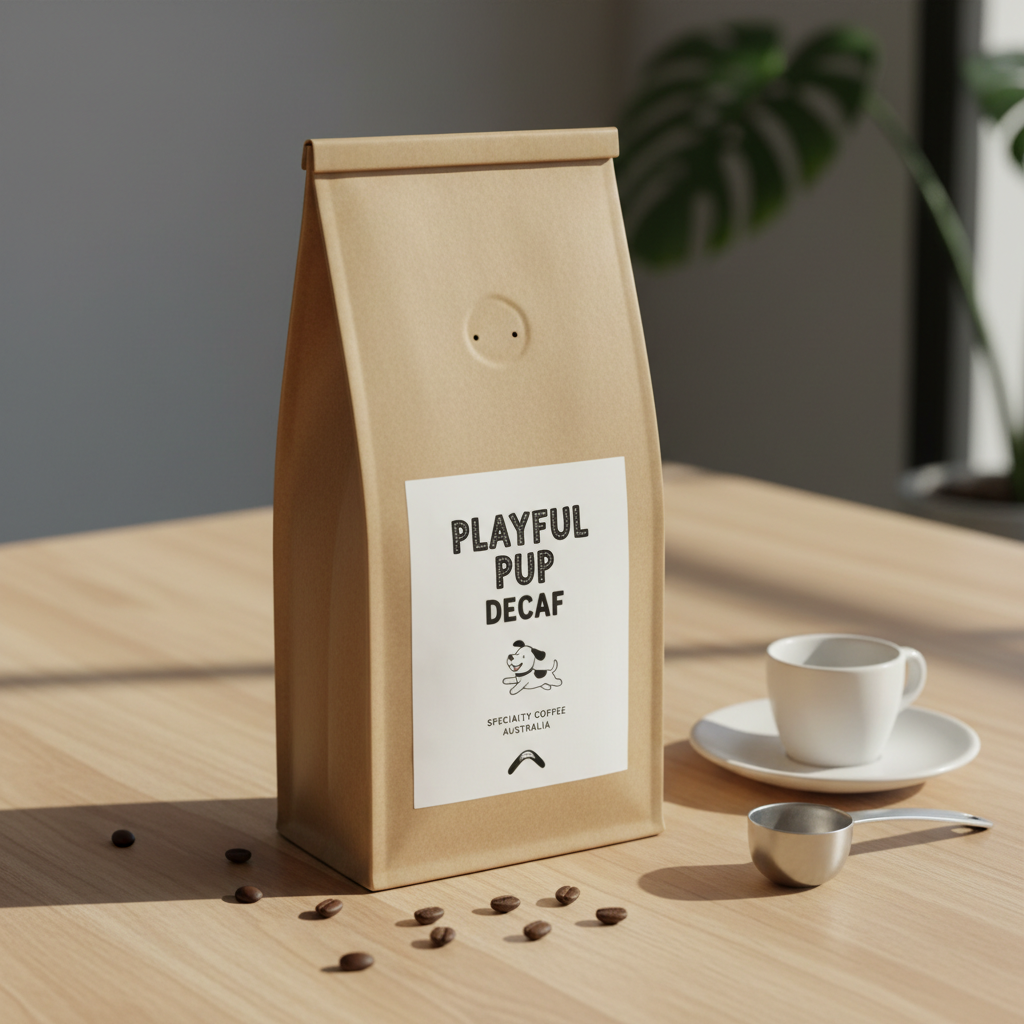 Playful Pup Decaf coffee bag pack shot on timber surface