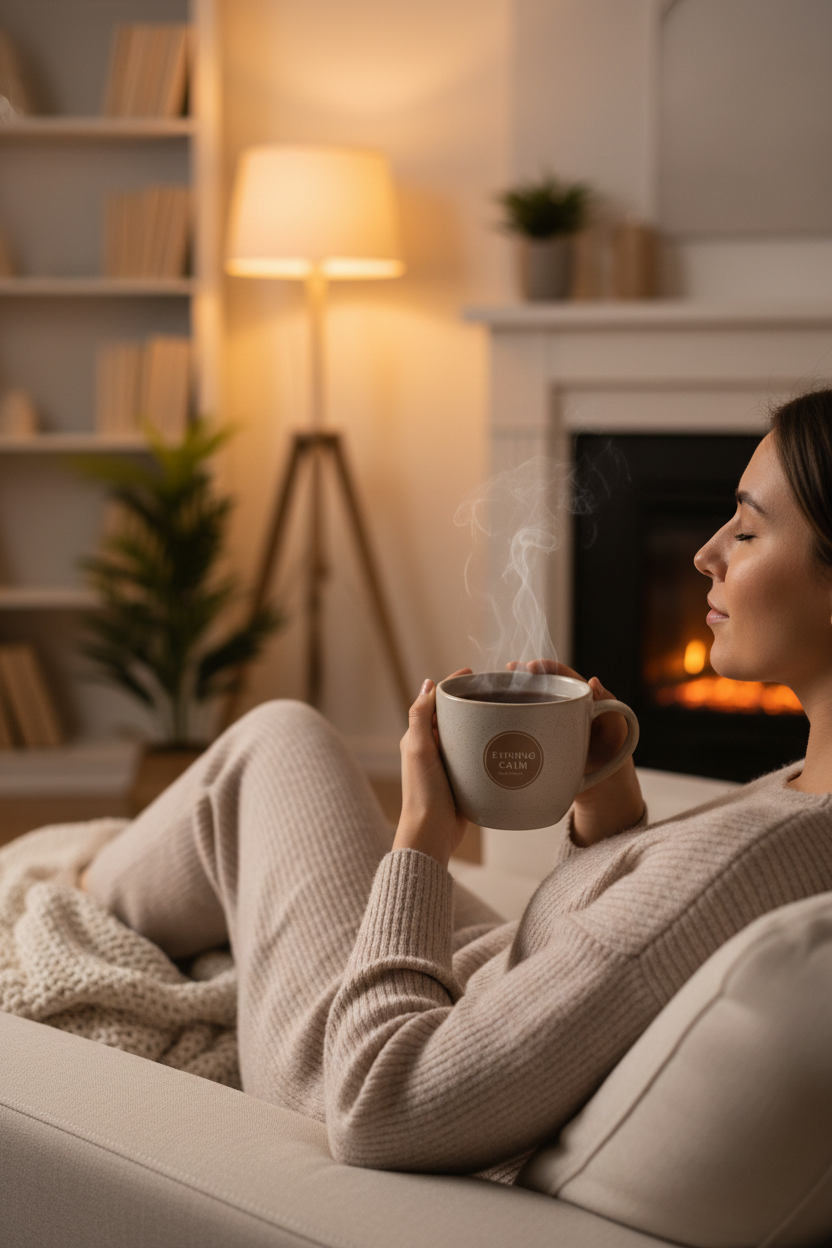 Lifestyle shot – relaxing evening with a warm cup of Playful Pup Decaf